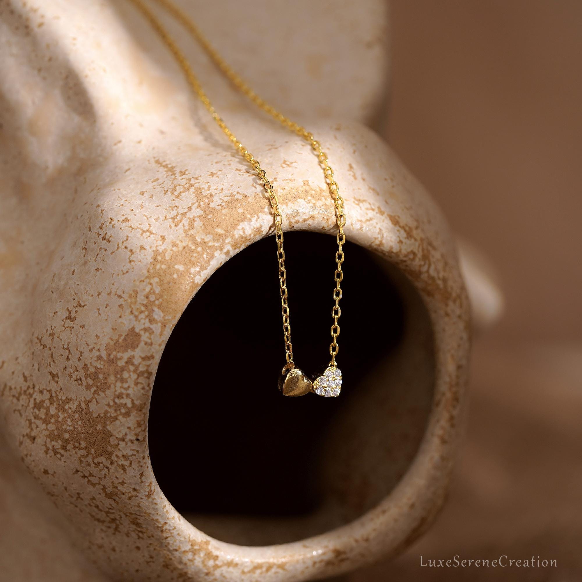 Tiny Double Heart Necklace 14k Gold Pave Minimalist Tiny Double Heart Necklace 14k Gold Pave Minimalist