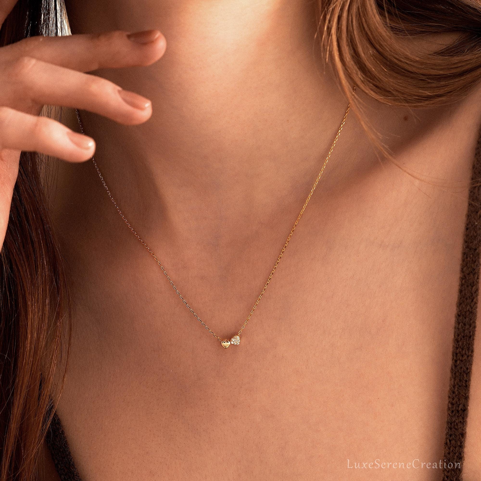 Tiny Double Heart Necklace 14k Gold Pave Minimalist Tiny Double Heart Necklace 14k Gold Pave Minimalist