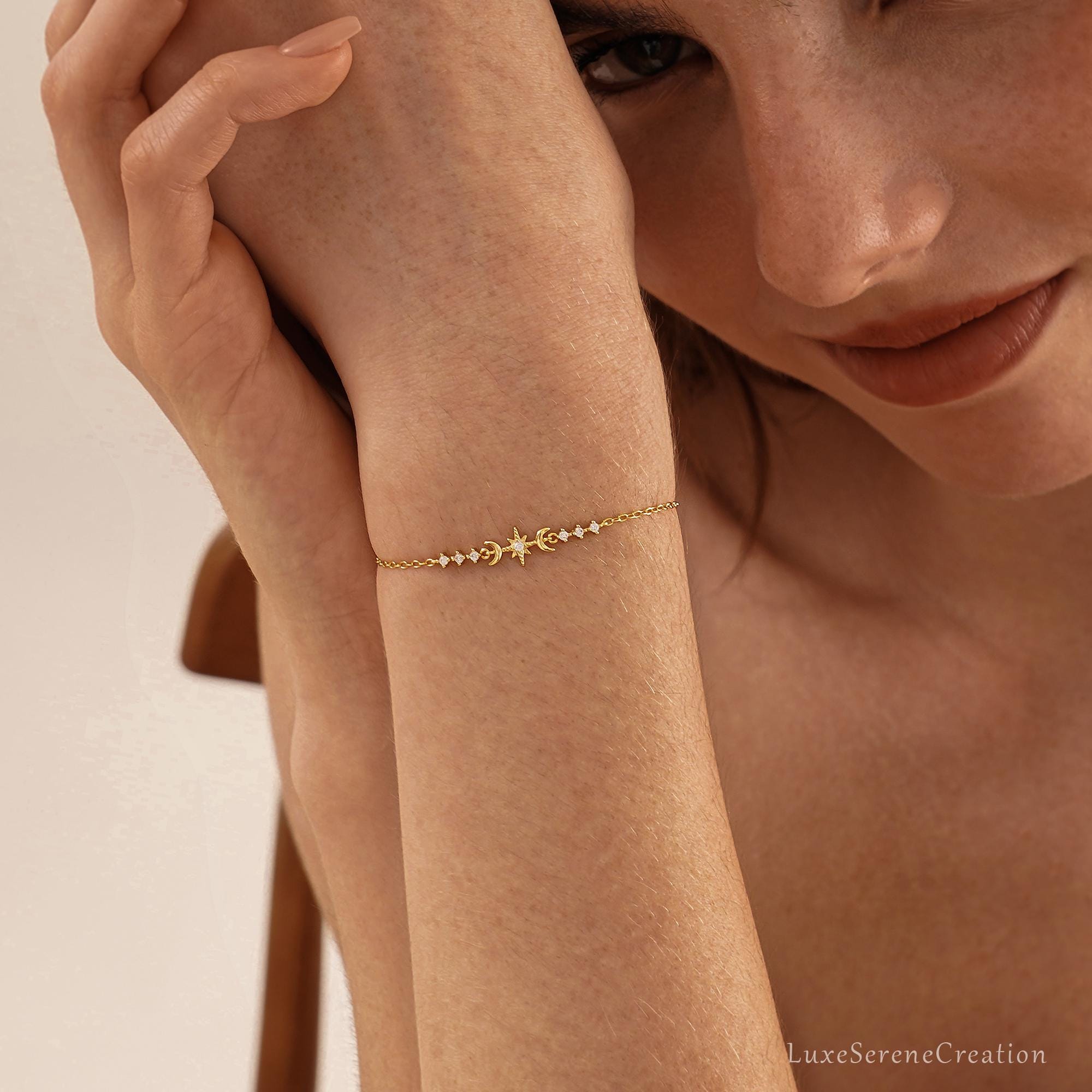 Minimalis Octagonal Star Moon Diamonds Bracelet 925 Sterling Minimalis Octagonal Star Moon Diamonds Bracelet 925 Sterling